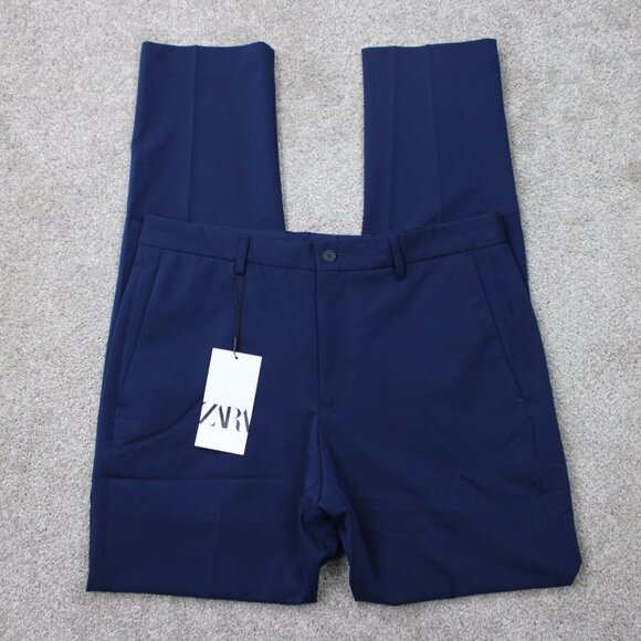 ZARA Dress Pants NWT Mens 32x32 Blue Polyester/Viscose Stretch Flat Front - Picture 1 of 15